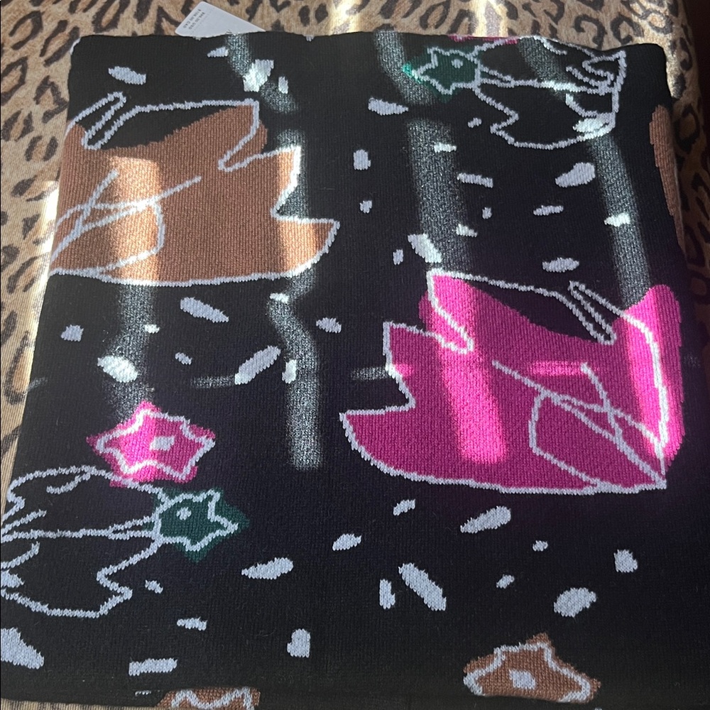 Black Scarf with Pink and Brown Leaf Design pull on